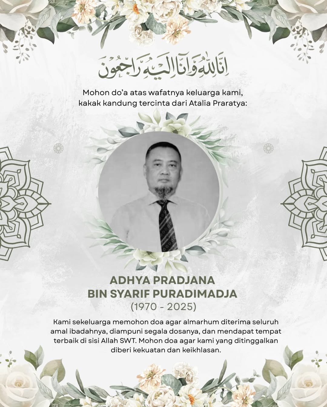 Atalia Praratya bagikan kabar duka sang kakak di tengah isu perceraiannya dengan Ridwan Kamil.
