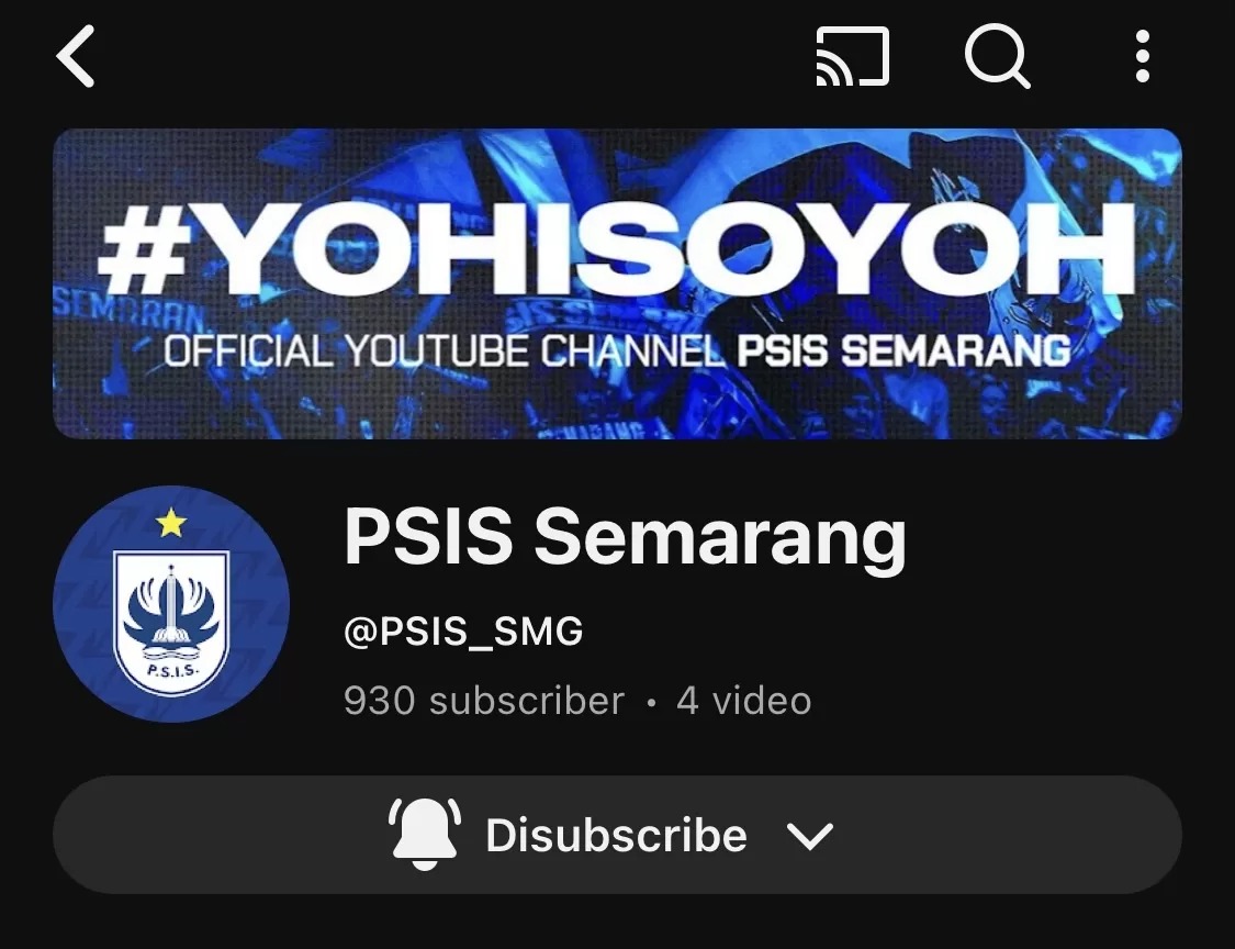 Akun Youtube baru PSIS Semarang.