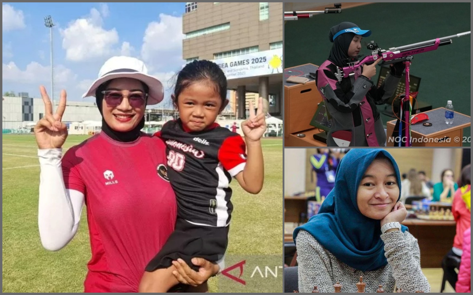 3 atlet Indonesia Diananda (kiri), Dewi (kanan atas), dan Medina (kanan bawah) raih emas SEA Games 2025 saat hamil.