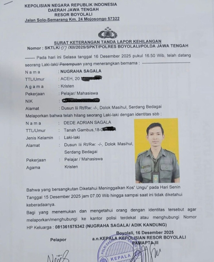 Pegawai PN Boyolali Dede Adrian Sagala yang sempat dilaporkan hilang selama dua pekan akhirnya ditemukan di Bogor dalam kondisi setengah linglung.