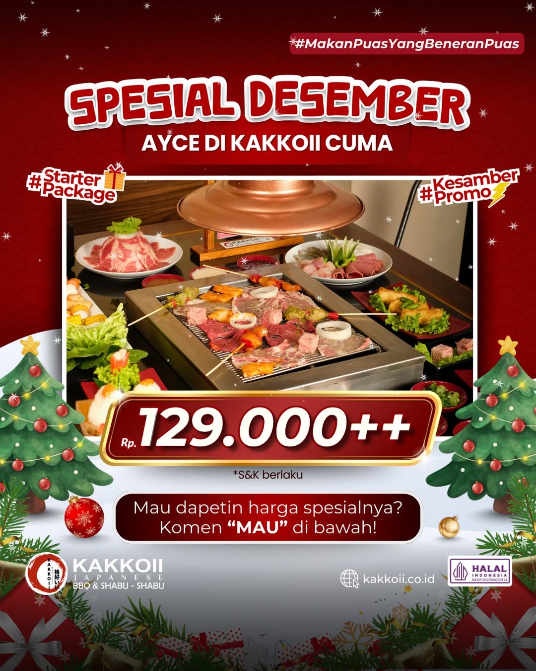 Paket starter Kakkoii Solo dimulai dari Rp 129.000 per orang, pengunjung dapat menikmati pengalaman makan sepuasnya dengan berbagai pilihan hidangan berkualitas.