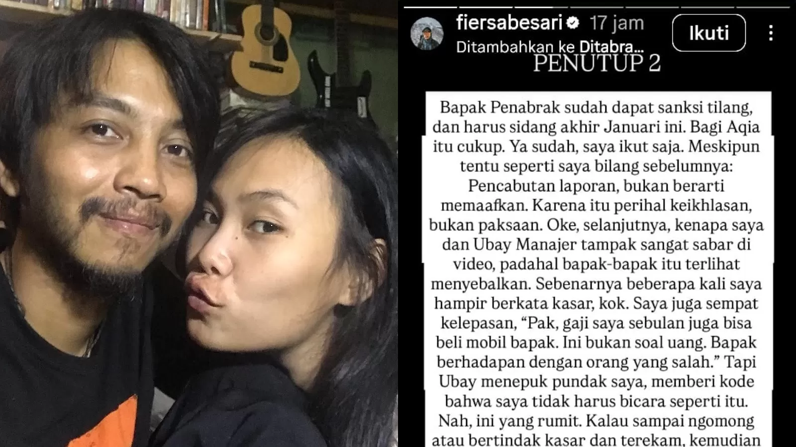 Musisi sekaligus penulis kenamaan, Fiersa Besari. Sang istri, Aqia Nurfadla, mengalami insiden kecelakaan saat berada di Stasiun Gambir, Jakarta Pusat, pada Sabtu (3/1/2026).