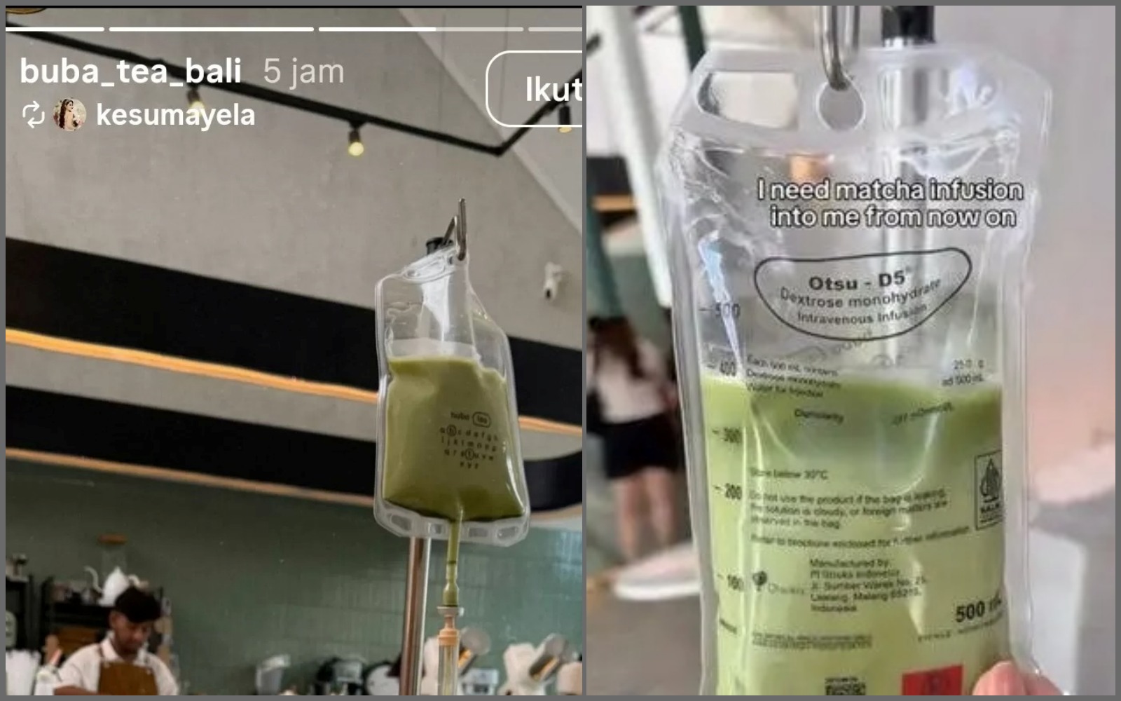 Buba Tea Bali kini mengubah kemasannya, meski mirip infus tapi tidak ada keterangan PT Otsuka Indonesia. (Foto Kanan) Kemasan lama Buba Tea Bali yang menyerupai infus hasil produk PT Otsuka Indonesia.