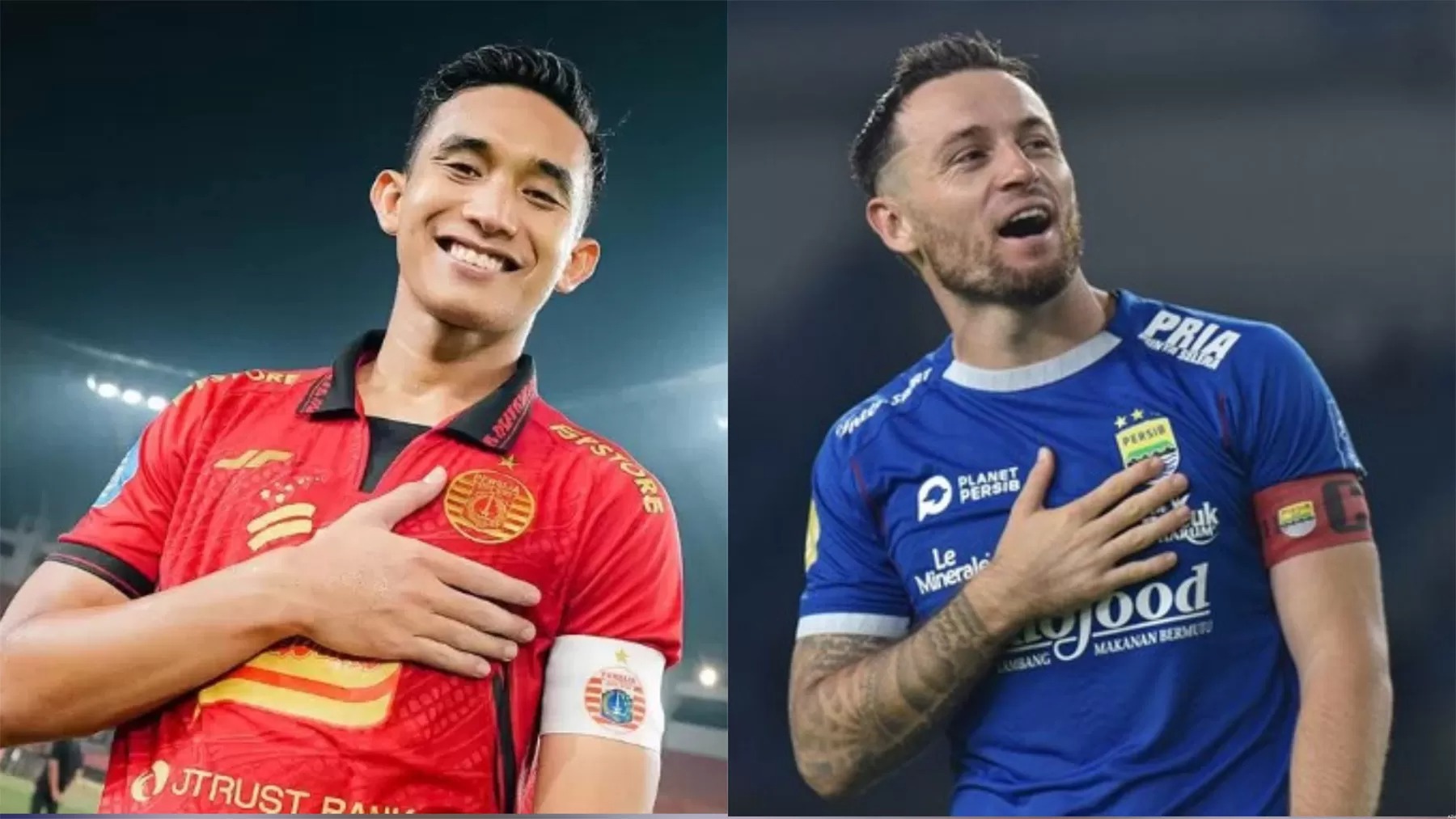 Kapten Persija Rizky Ridho (kiri) dan Kapten Persib Bandung Marc Klok.