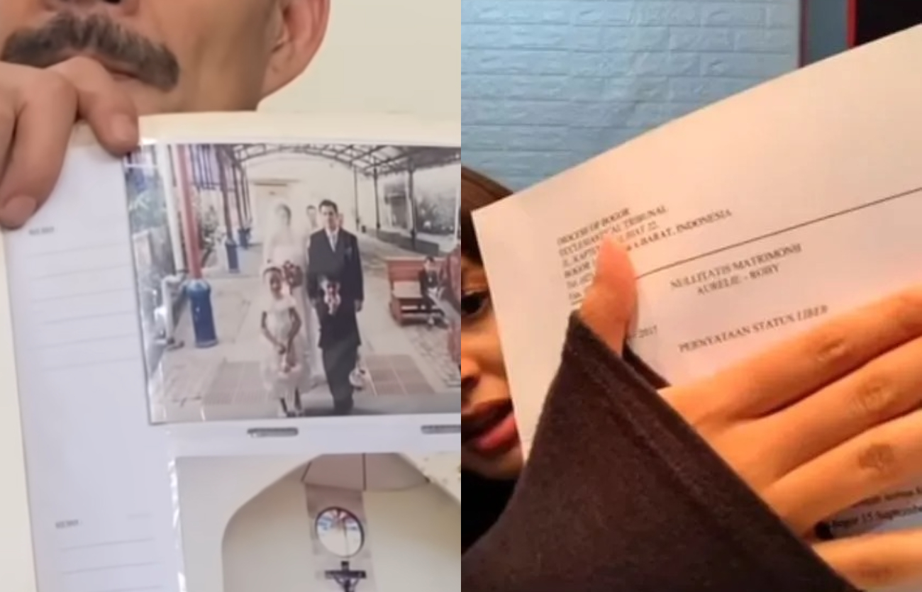 (Kiri) Roby Tremonti pamerkan foto lawas pernikahannya - (Kanan) Aurelie Moeremans pamerkan Surat Status Liber miliknya.