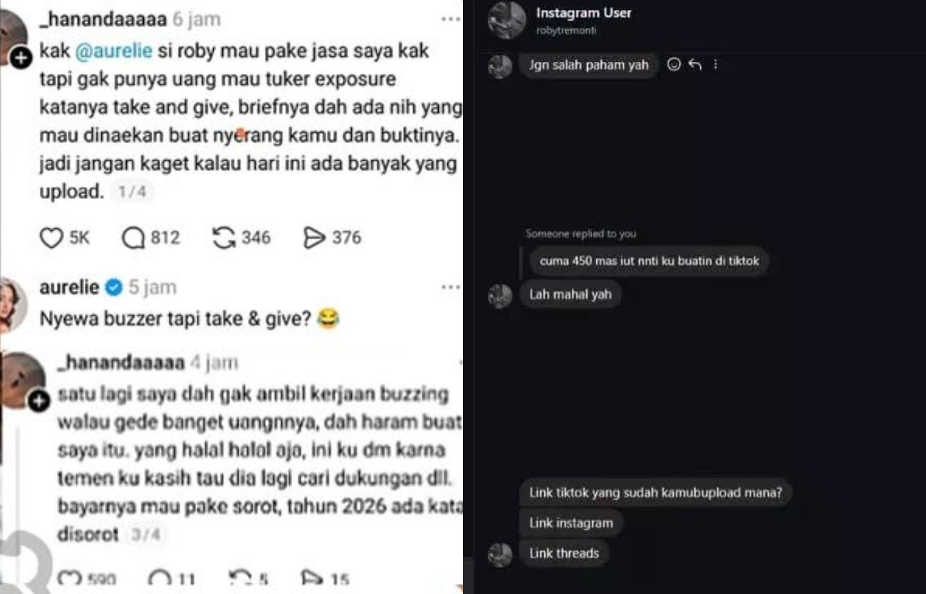 Isi DM Roby Tremonti tawar harga buzzer viral usai Broken Strings karya Aurelie Moeremans jadi sorotan di media sosial.