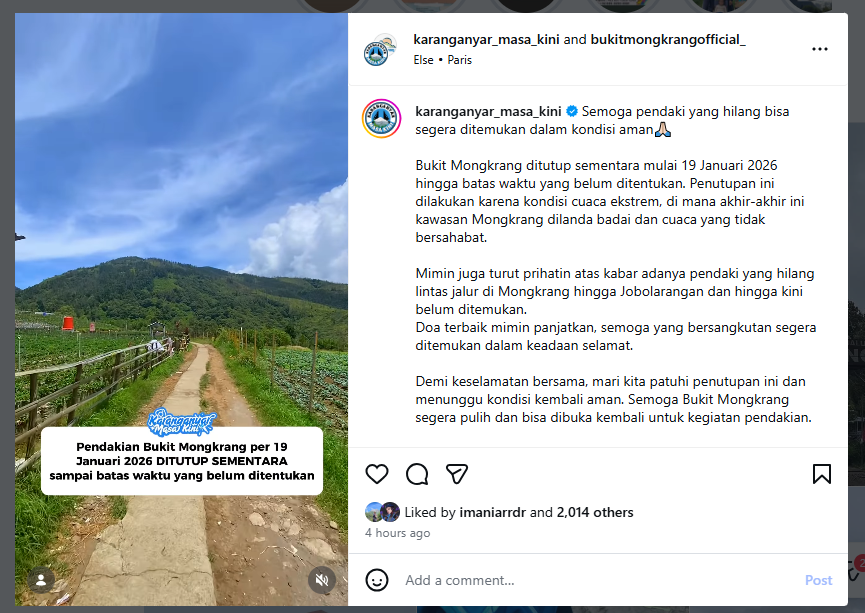 Pengumuman ditutupnya Bukit Mongkrang usai seorang trailrunners dikabarkan hilang.