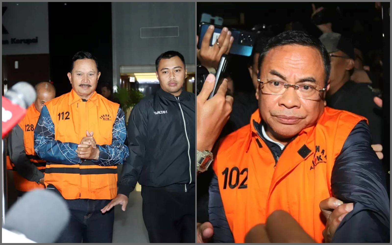 Wali Kota Madiun Maidi (kiri) sebagai tersangka kasus dugaan korupsi terkait pemerasan dengan modus fee proyek dan dana CSR, Bupati Pati Sudewo sebagai tersangka kasus jual beli jabatan.