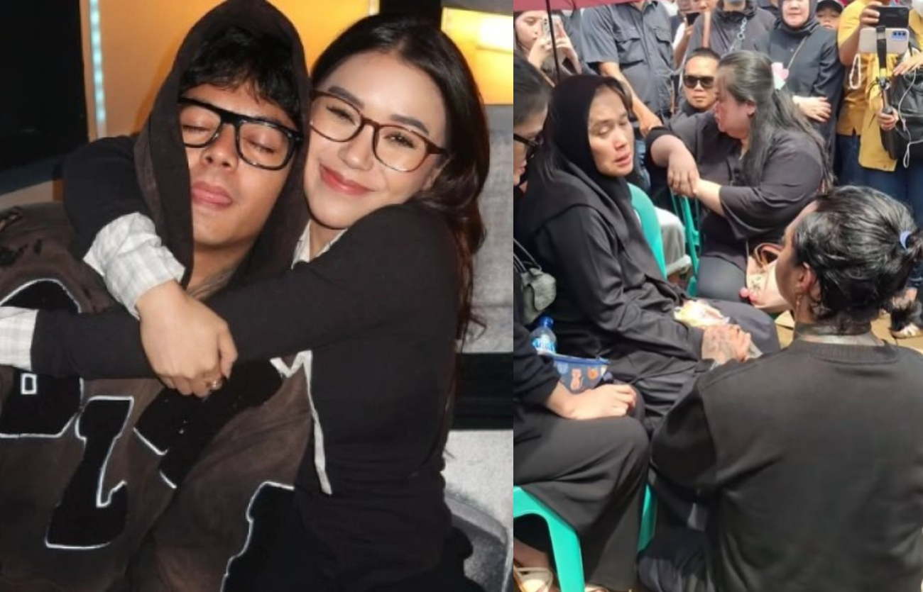 (Kiri) Reza Arap dan Lula Lahfah - (Kanan) Reza Arap saat tenangkan ibu Lula Lahfah di pemakaman sang kekasih.