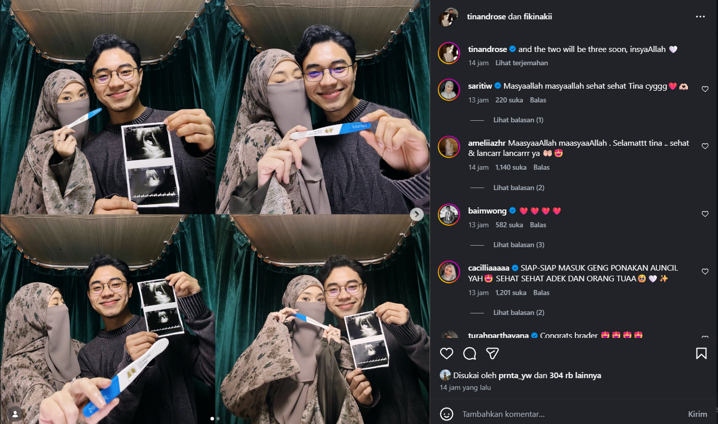 Kabar bahagia datang dari Fiki Naki dan Tinan Drose. Sang istri dikabarkan tengah hamil anak pertama. Unggahan mereka viral dan banjir doa dari warganet.