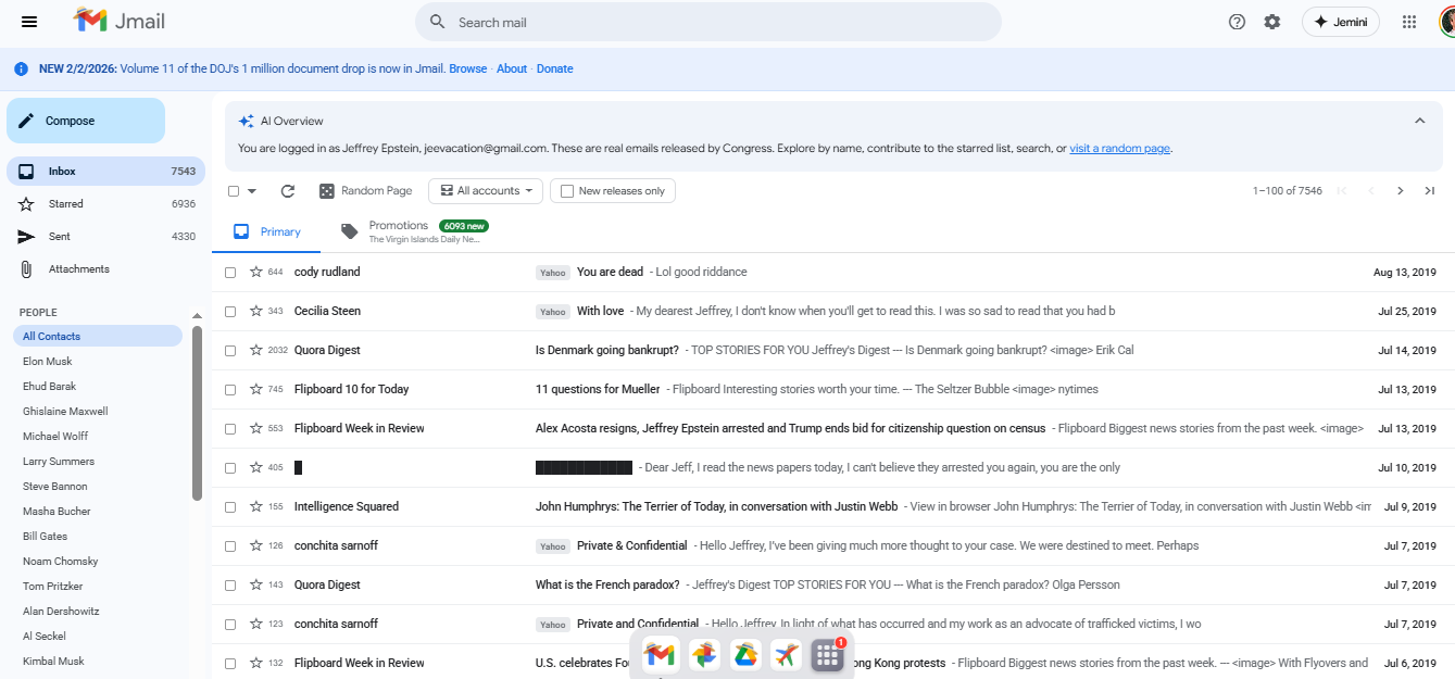 Tampilan Jmail yang tunjukkan isi Epstein Files versi surel.