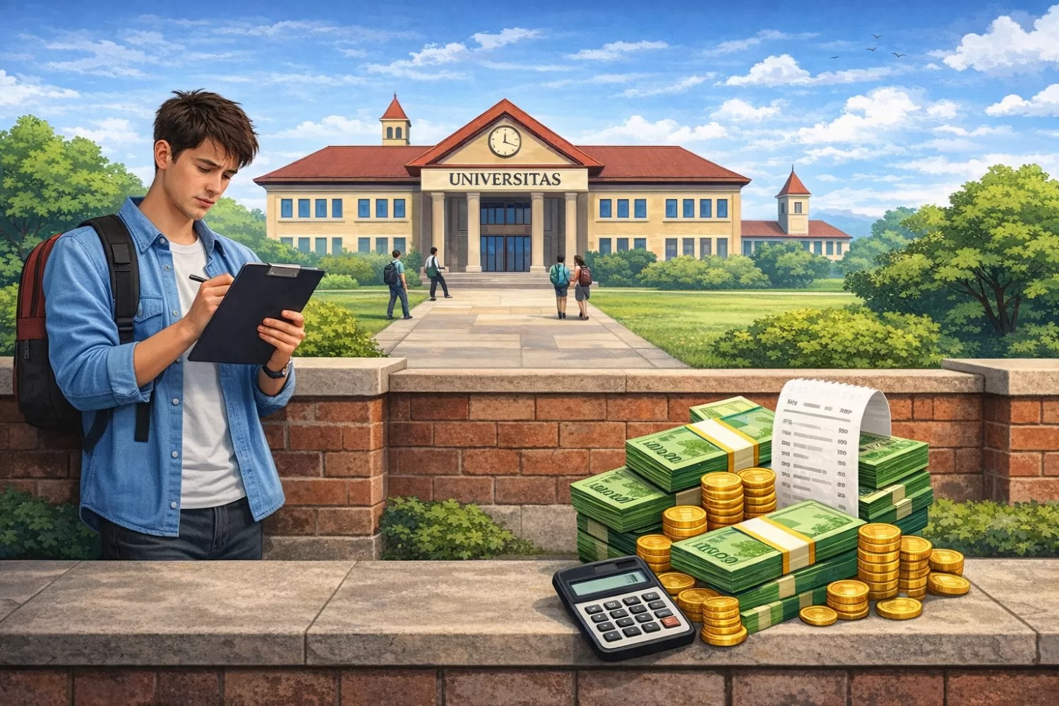 Ilustrasi calon mahasiswa menyiapkan uang kuliah tunggal (UKT) sebelum masuk universitas impian.