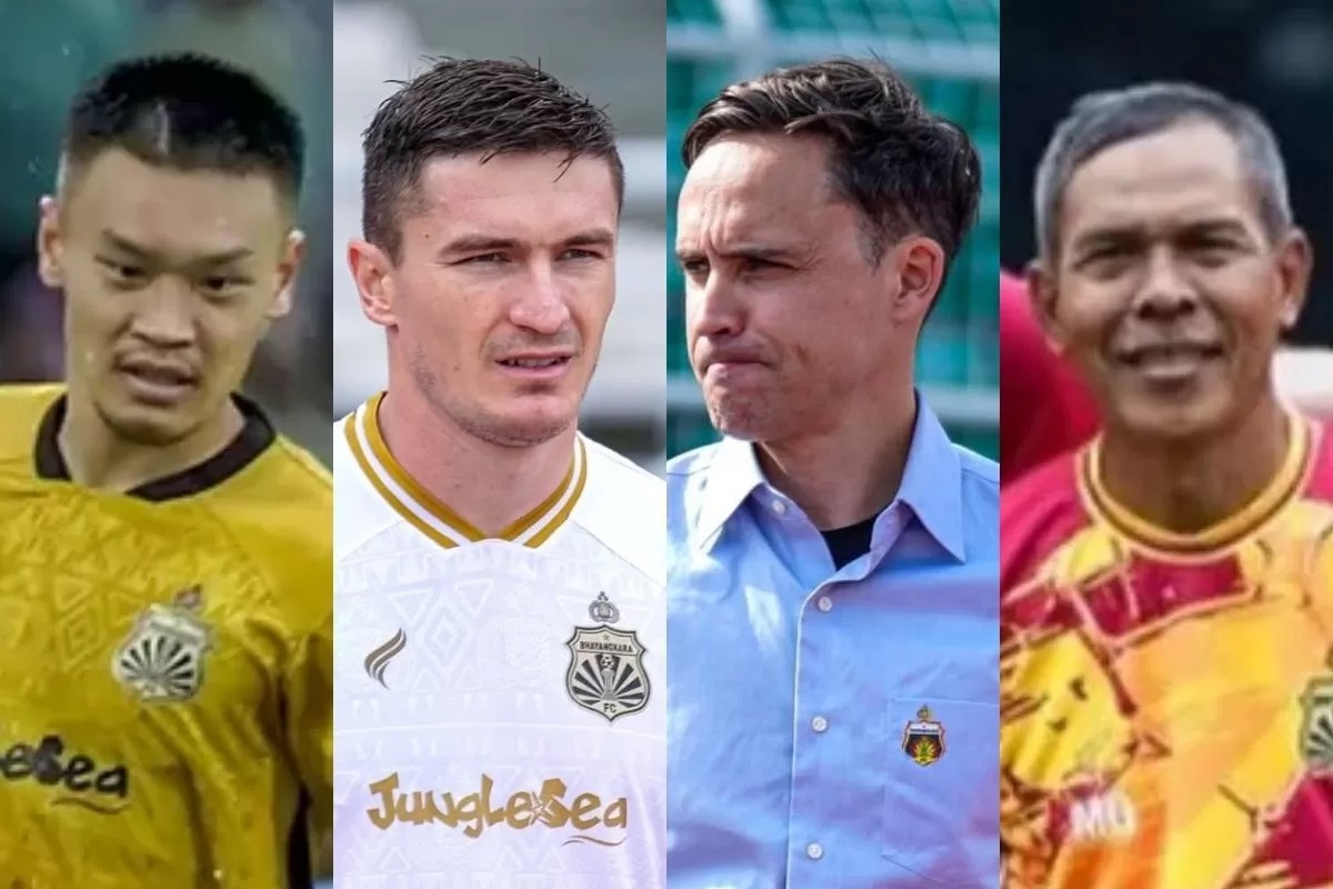 Deretan empat sosok penting Bhayangkara FC punya memori manis di Persebaya Surabaya. (ki-ka) Sho Yamamoto, Slavko Damjanovic, Paul Munster, Mustaqim).