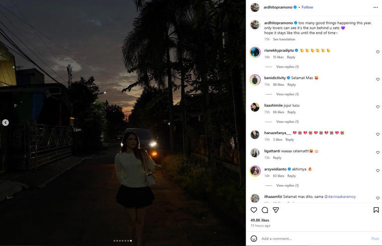 Postingan Ardhito Pramono unggah foto Davina Karamoy.