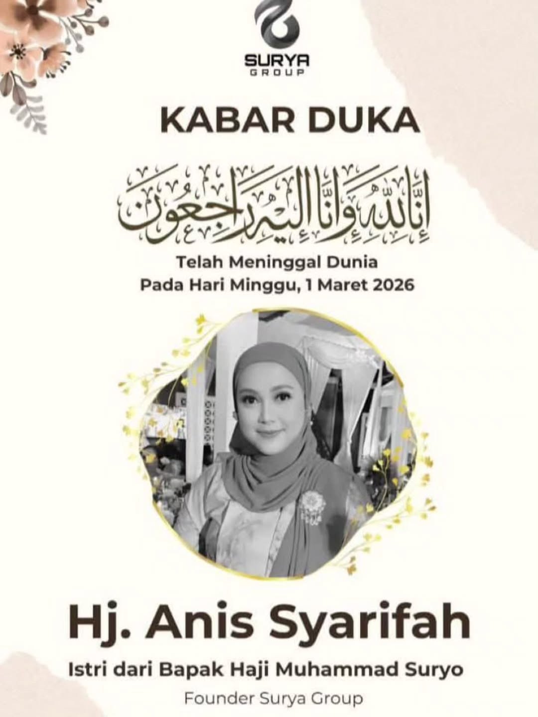 Istri bos rokok HS< Anis Syarifah yang dikabarkan meninggal dunia dalam kecelakaan di Kulon Progo.