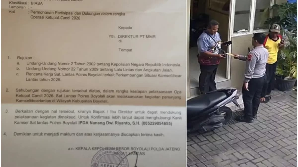 Kolase foto surat "Permohonan Dukungan" Satlantas Polres Boyolali ke pengusaha beserta petugas yang diduga mengantarkan. 