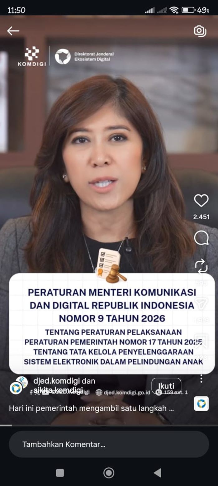 Pemerintah melalui Komdigi menerbitkan Permen Nomor 9 Tahun 2026 yang membatasi akses platform digital bagi anak di bawah 16 tahun.