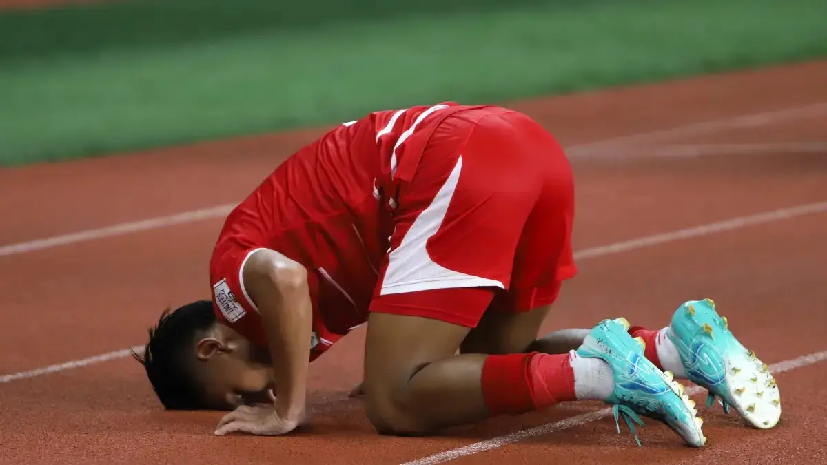 Selebrasi gol dari Beckham Putra ke gawang Saint Kitts & Nevis dalam laga FIFA Series 2026 di Stadion Utama Gelora Bung Karno, Jakarta, Jumat (27/3/2026). (Dery Ridwansah/ JawaPos.com)