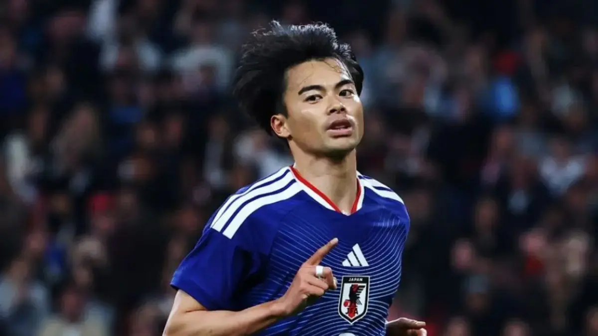 Kaoru Mitoma merayakan gol kemenangan Jepang ke gawang Inggris di Stadion Wembley. (Dok. JFA)