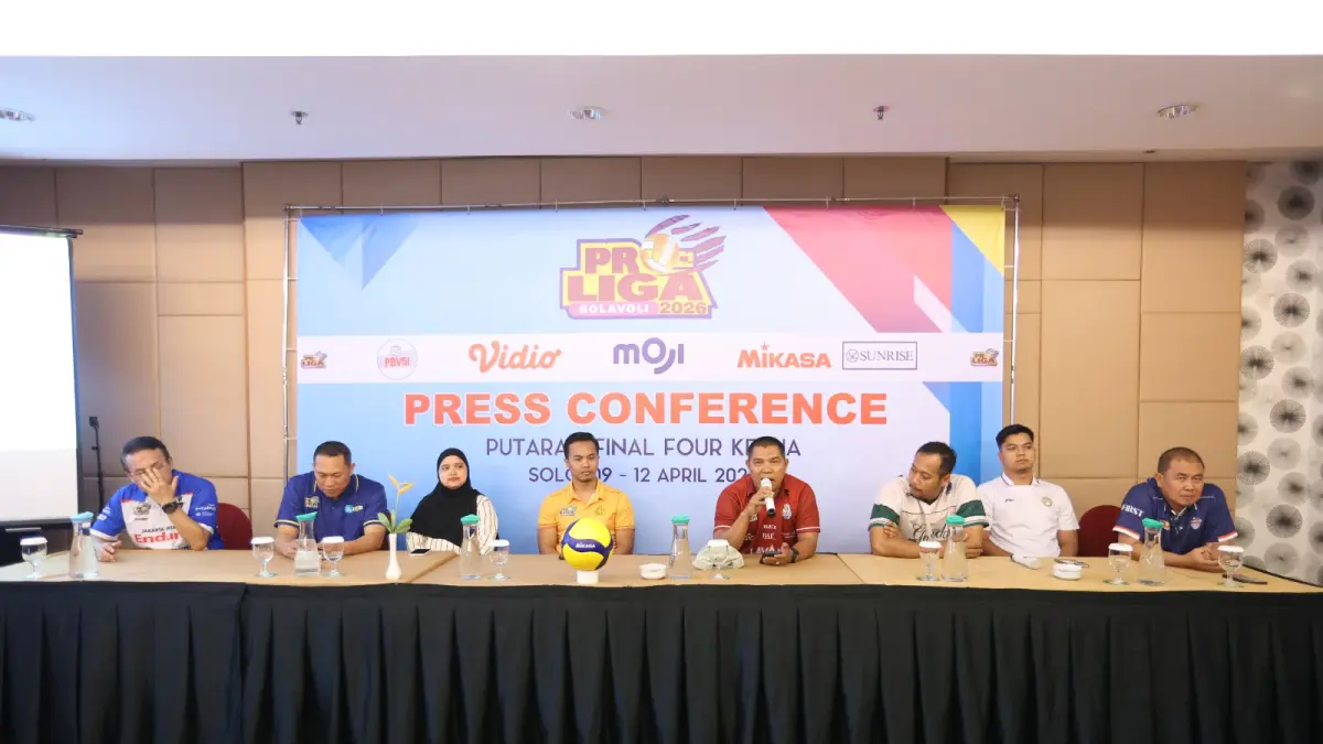 Konferensi pers Final Four Proliga 2026 di Hotel Ibis Styles Solo, Rabu (8/4/2026. (Hernindya Jalu Aditya Mahardika/SOLOBALAPAN.COM)