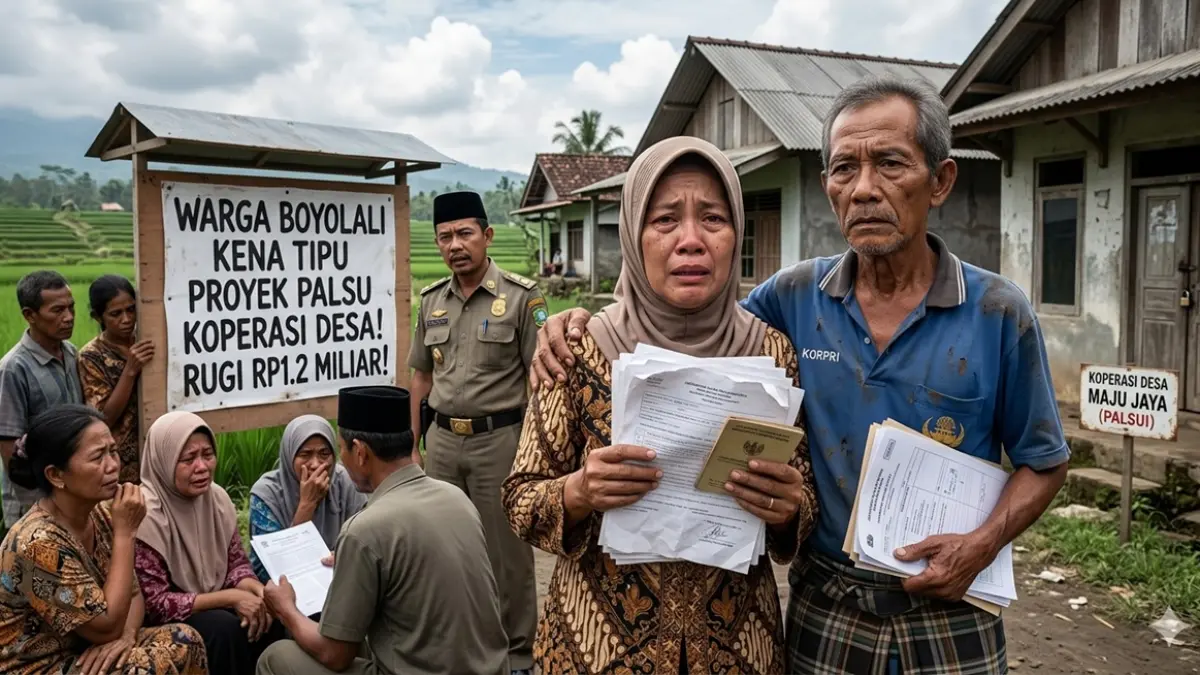 Warga Boyolali berinisial S menjadi korban penipuan proyek fiktif Koperasi Desa Merah Putih hingga merugi Rp1,2 miliar. (Ilustrasi AI)
