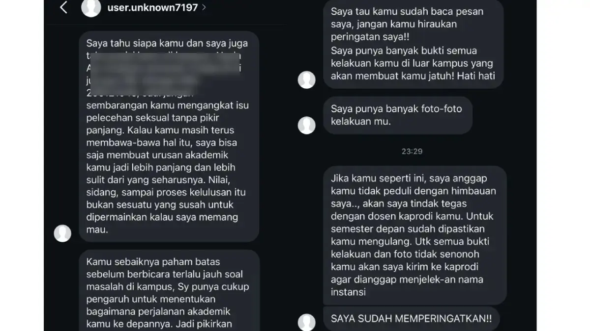 Pesan ancaman dari akun anonim ke mahasiswi UIN Raden Mas Said Solo.

