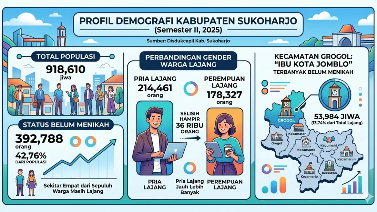 Data Dukcapil Semester II 2025 mencatat 392.788 warga Sukoharjo atau 42,76 persen penduduk masih berstatus belum kawin. 