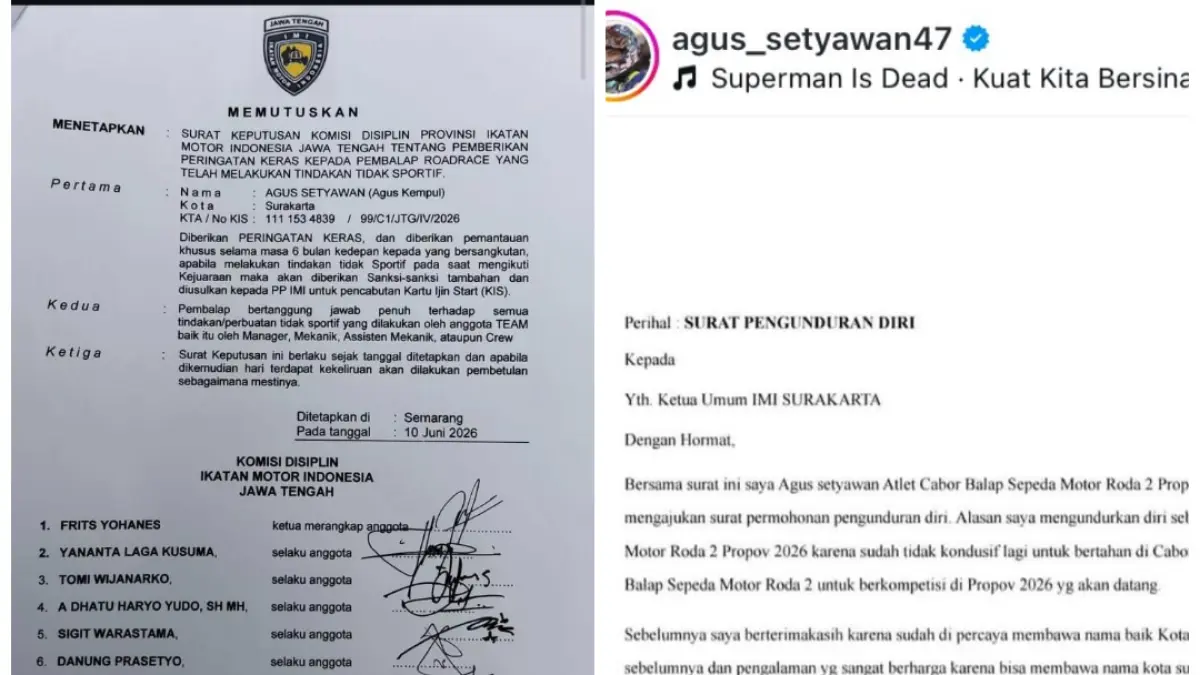 Pembalap andalan Surakarta, Agus Kempul, mengajukan pengunduran diri dari tim balap motor Porprov Jawa Tengah 2026. (IST)
