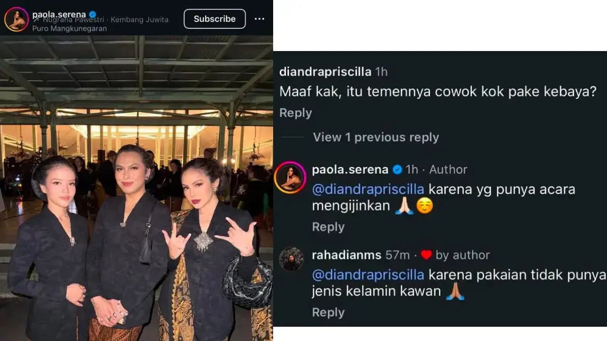 Sosok influencer pria (tengah) nekat pakai kebaya saat kirab Malam 1 Suro di Pura Mangkunegaran, Solo. (Threads)