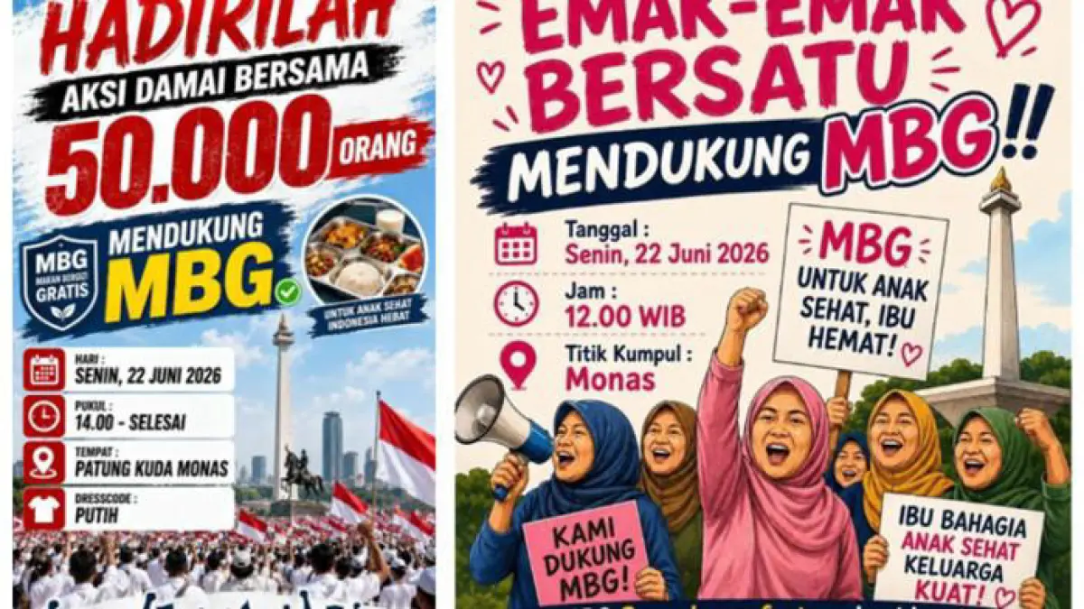 Aksi  mendukung Program Makan Bergizi Gratis (MBG) dijadwalkan akan berlangsung Senin (22/6/2026) hari ini di wilayah Jakarta. Aksi pertama akan digelar oleh Emak-emak Bersatu Mendukung MBG pukul 12.00 WIB dengan titik kumpul di Monas, Jakarta Pusat. (Istimewa)