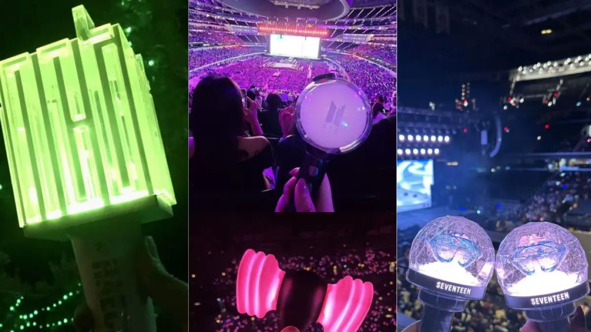 Setiap grup K-pop memiliki lightstick resmi dengan desain dan filosofi yang berbeda. Selain menjadi identitas fandom, lightstick juga berperan menciptakan lautan cahaya yang menjadi ciri khas konser K-pop. (Pinterest)