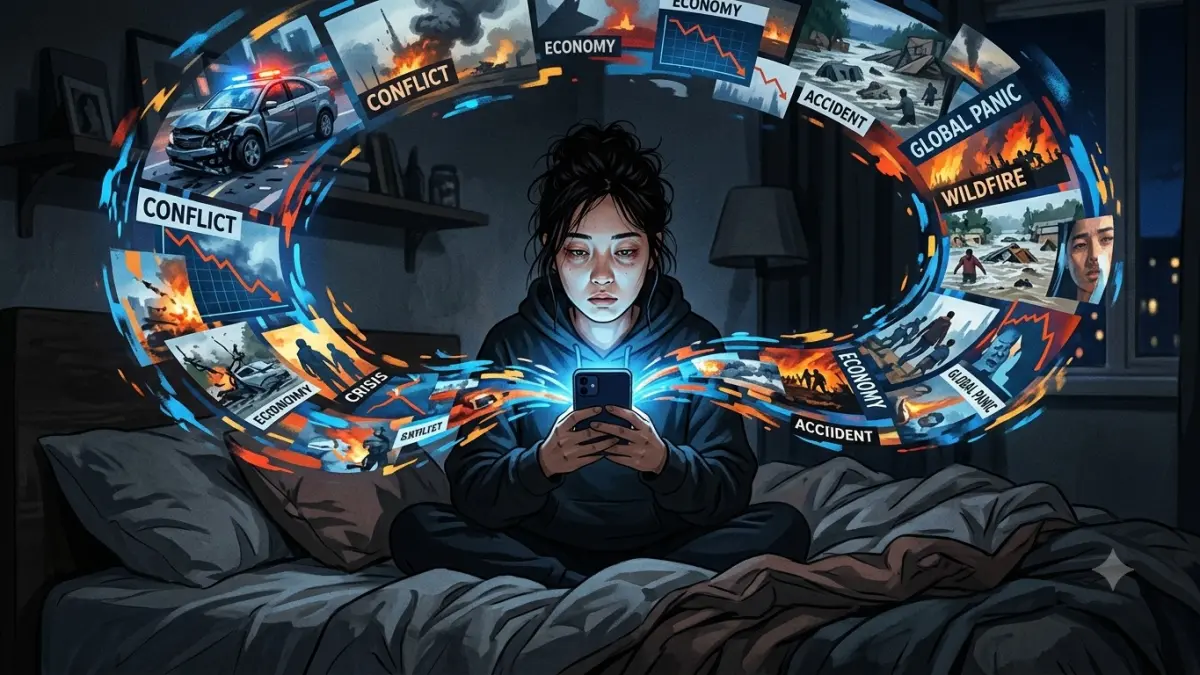 Ilustrasi doomscrolling, kebiasaan menggulir informasi negatif secara terus-menerus. (AI Generated)