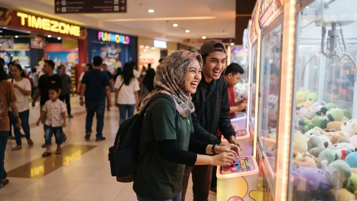 Ilustrasi Orang dewasa mencoba mesin claw machine di pusat perbelanjaan sebagai salah satu cara melepas penat dari rutinitas sehari-hari. (AI Generated)