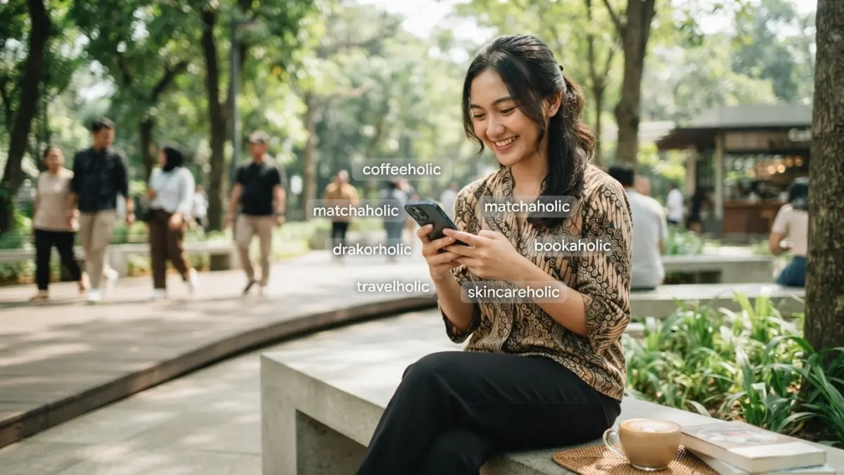 Ilustrasi penggunaan istilah berunsur "-holic" yang kian populer di media sosial untuk menggambarkan kegemaran terhadap suatu hal. (AI Generated)