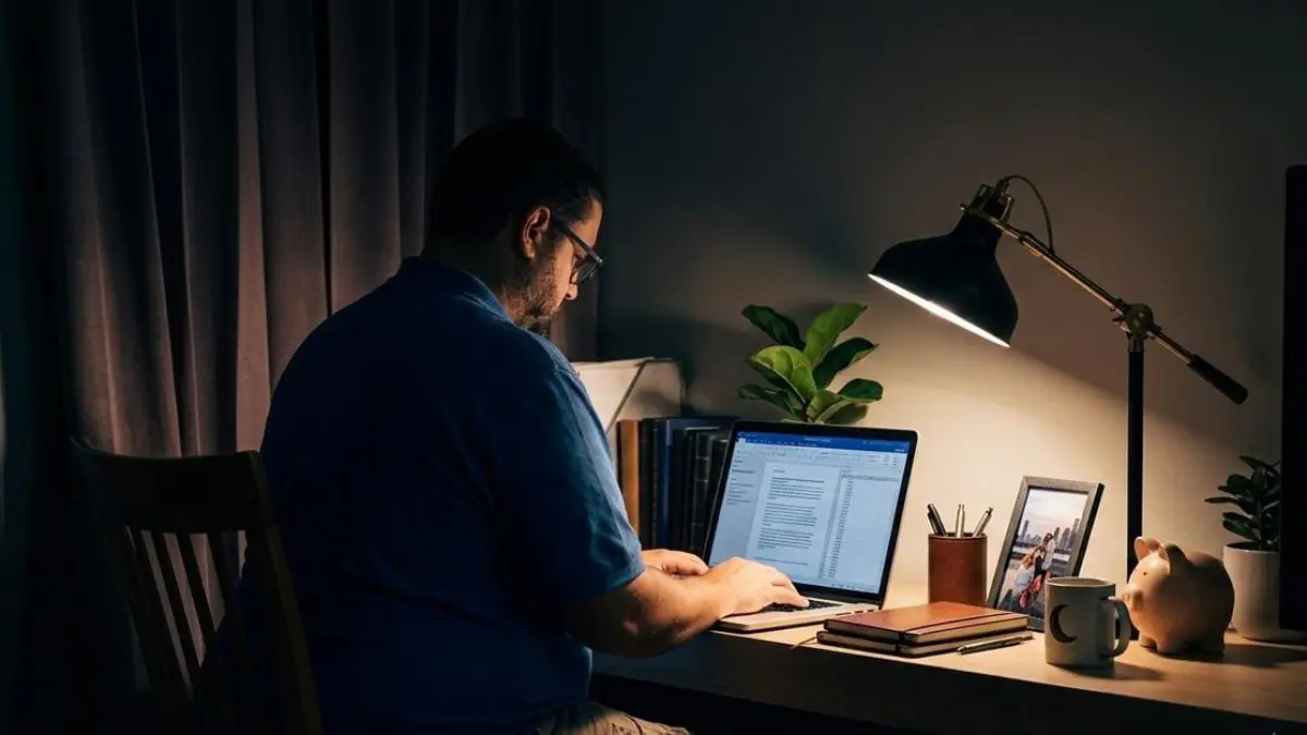 seseorang sedang bekerja di larut malam yang biasa di sebut night owl. (AI Generated)
