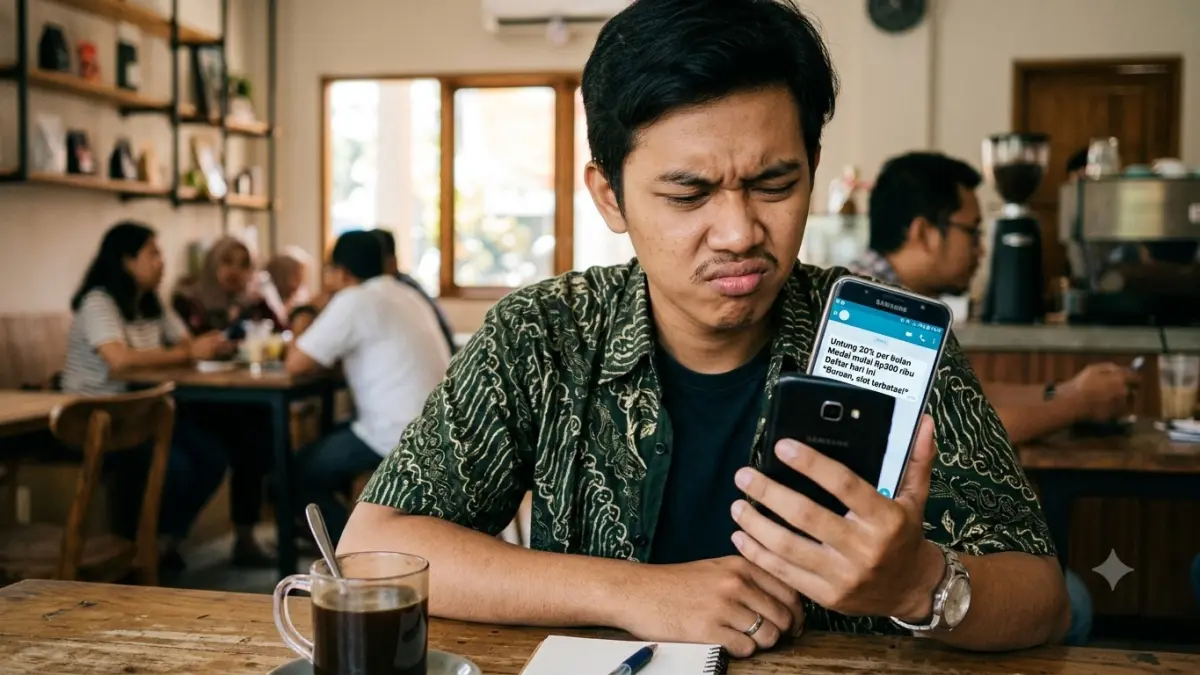 Ilustrasi seseorang memeriksa tawaran investasi melalui ponsel. Masyarakat perlu lebih cermat dan memastikan legalitas sebelum memutuskan berinvestasi. (AI Generated)