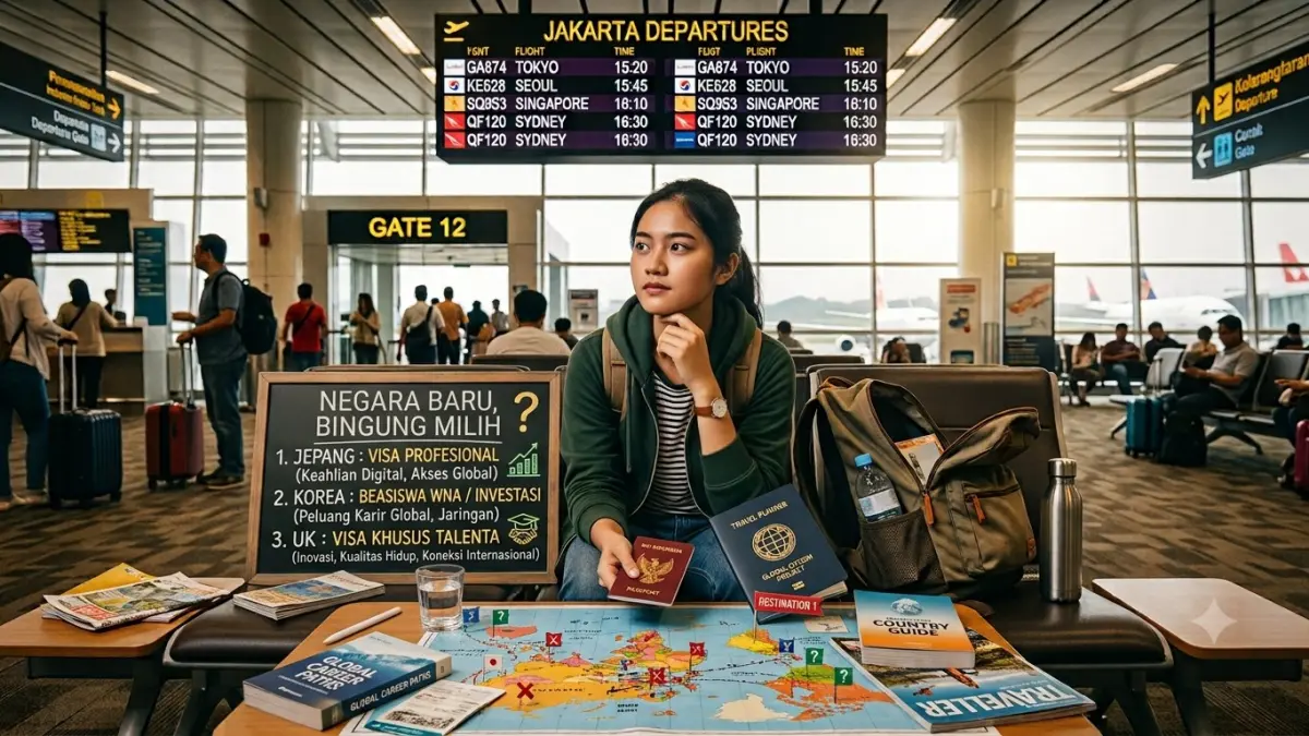 Seseorang yang bingung memilih negara tujuan. (AI generated)