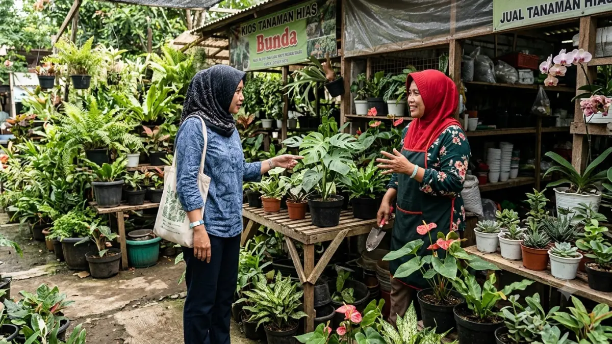 Pembeli mempertimbangkan tanaman hias sebelum membeli. (AI Generated)
