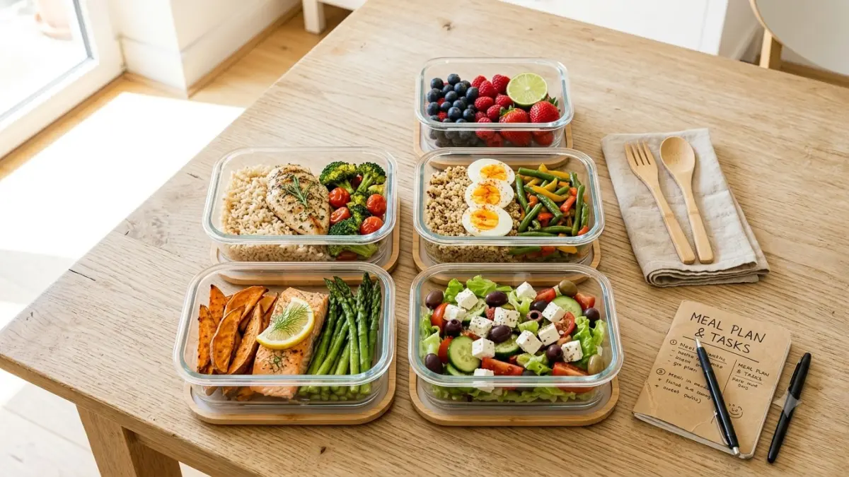 Ilustrasi menu meal prep yang disiapkan dalam wadah untuk memudahkan menjaga pola makan di tengah aktivitas sehari-hari. (AI Generated)