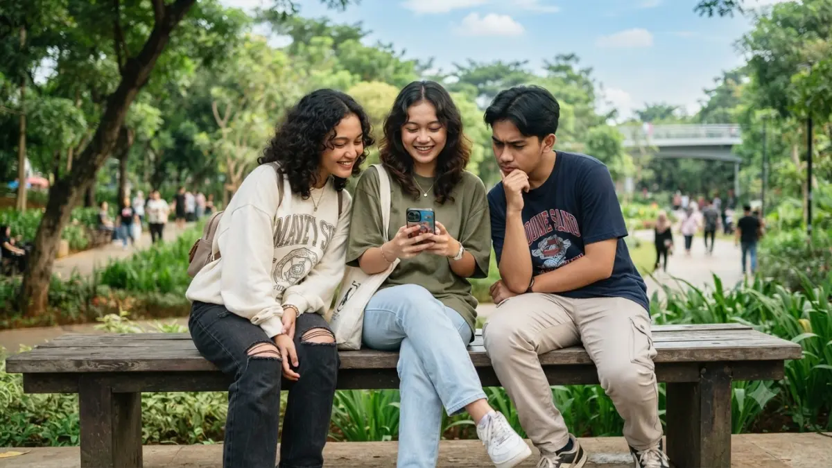 Ilustrasi Gen Z berbincang sambil melihat ponsel. Istilah red flag dan green flag semakin sering muncul dalam percakapan maupun media sosial. (AI Generated)