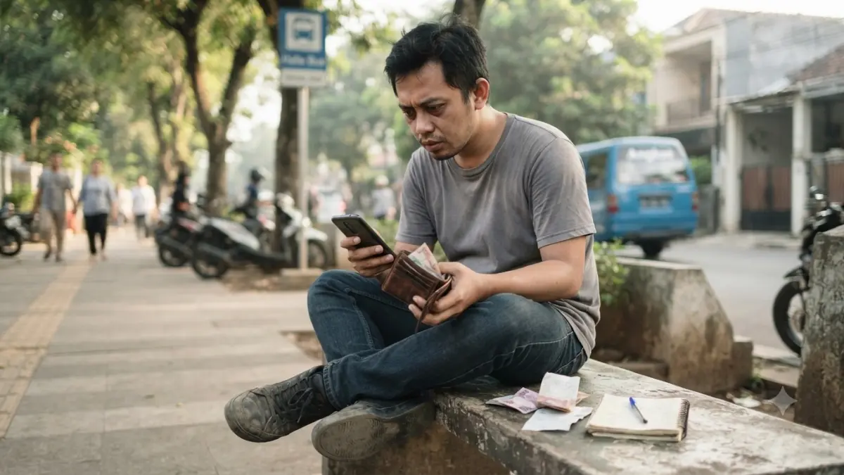 Ilustrasi seseorang mengecek kondisi keuangan melalui telepon genggam. (AI Generated)