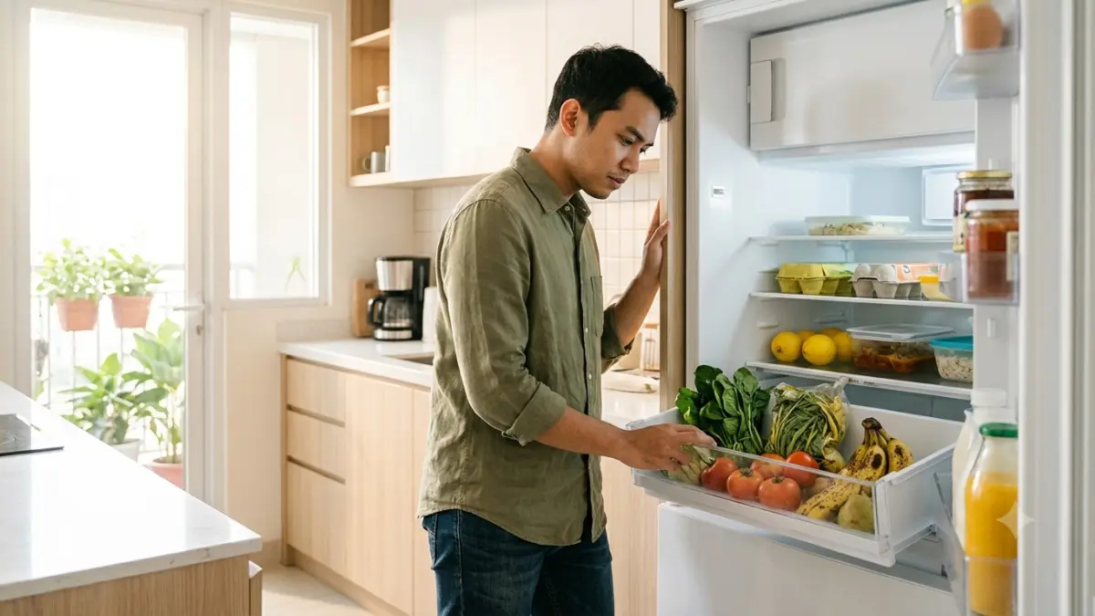 Sisa makanan masih menjadi penyumbang sampah terbesar di Indonesia. Kebiasaan sederhana, seperti mengecek isi kulkas dan membeli bahan makanan sesuai kebutuhan, dapat membantu mengurangi food waste. (AI Generated)