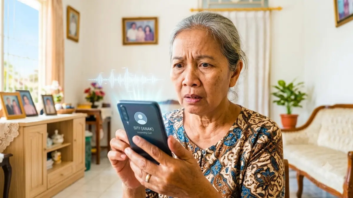 Di era AI, suara yang terdengar begitu akrab belum tentu benar-benar berasal dari orang yang kita kenal. Kewaspadaan dan kebiasaan memverifikasi informasi menjadi langkah sederhana untuk menghindari penipuan digital. (AI Generated)
