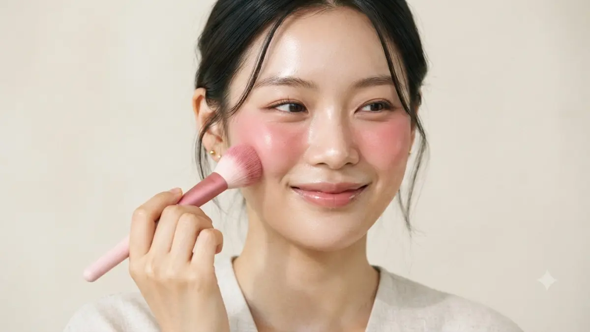 Ilustrasi penggunaan blush pada pipi. Tren blush blindness mendorong banyak orang memakai blush lebih tebal, meski hasilnya belum tentu cocok untuk semua bentuk wajah dan warna kulit. (AI Generated)