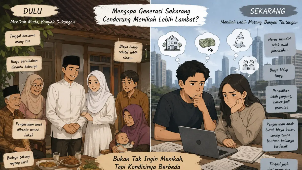 Ilustrasi perbandingan umur menikah zaman dahulu dan sekarang. (AI generated)