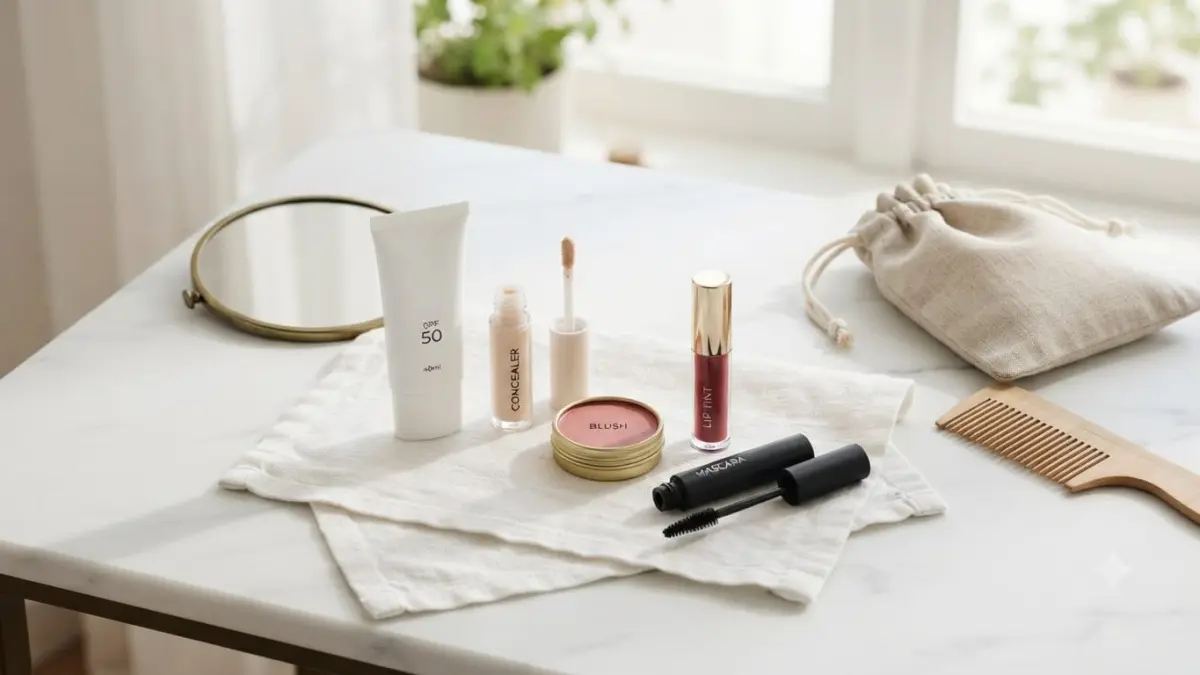 Lima produk makeup esensial, seperti sunscreen, concealer, blush, lip tint, dan maskara, menjadi pilihan untuk menciptakan riasan yang sederhana dan rapi. (AI Generated)