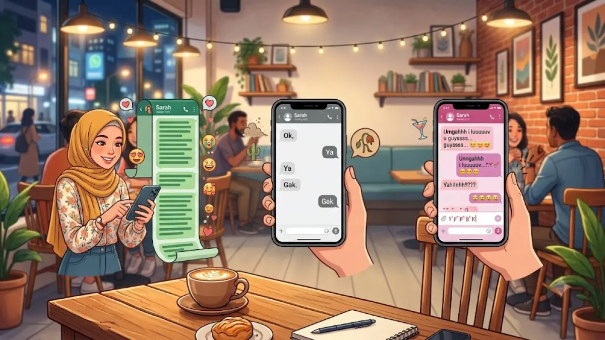 Ilustrasi macam-macan percakapan dalam pesan digital. (AI generated)