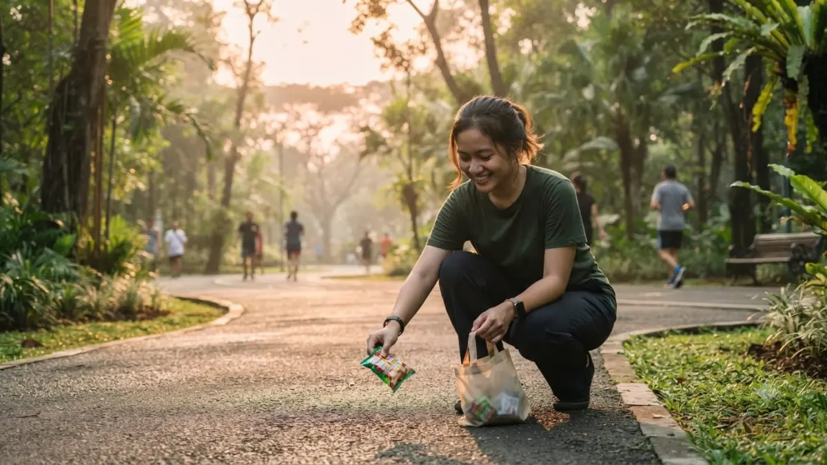 Memungut sampah di ruang publik menjadi salah satu wujud kepedulian terhadap lingkungan, sejalan dengan nilai Memayu Hayuning Bawana. (AI Generated)