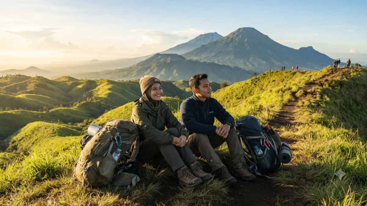 Menikmati suasana Gunung Prau sebelum kembali ke rutinitas. Bagi sebagian mahasiswa, pendakian menjadi ruang untuk beristirahat sejenak, menghirup udara segar, dan mengisi kembali semangat. (AI Generated)