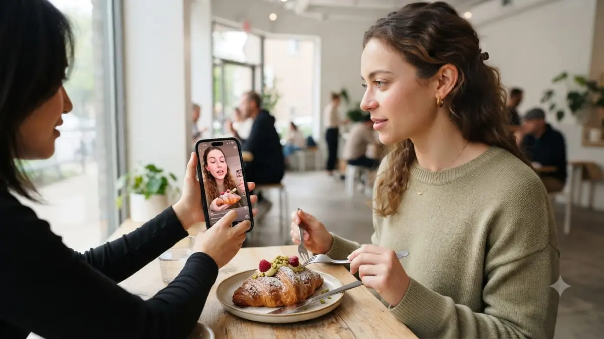 Media sosial kini menjadi salah satu sumber utama rekomendasi kuliner. Ulasan dan video makanan yang berulang kali muncul dapat mendorong seseorang untuk tertarik mencobanya. (AI Generated)